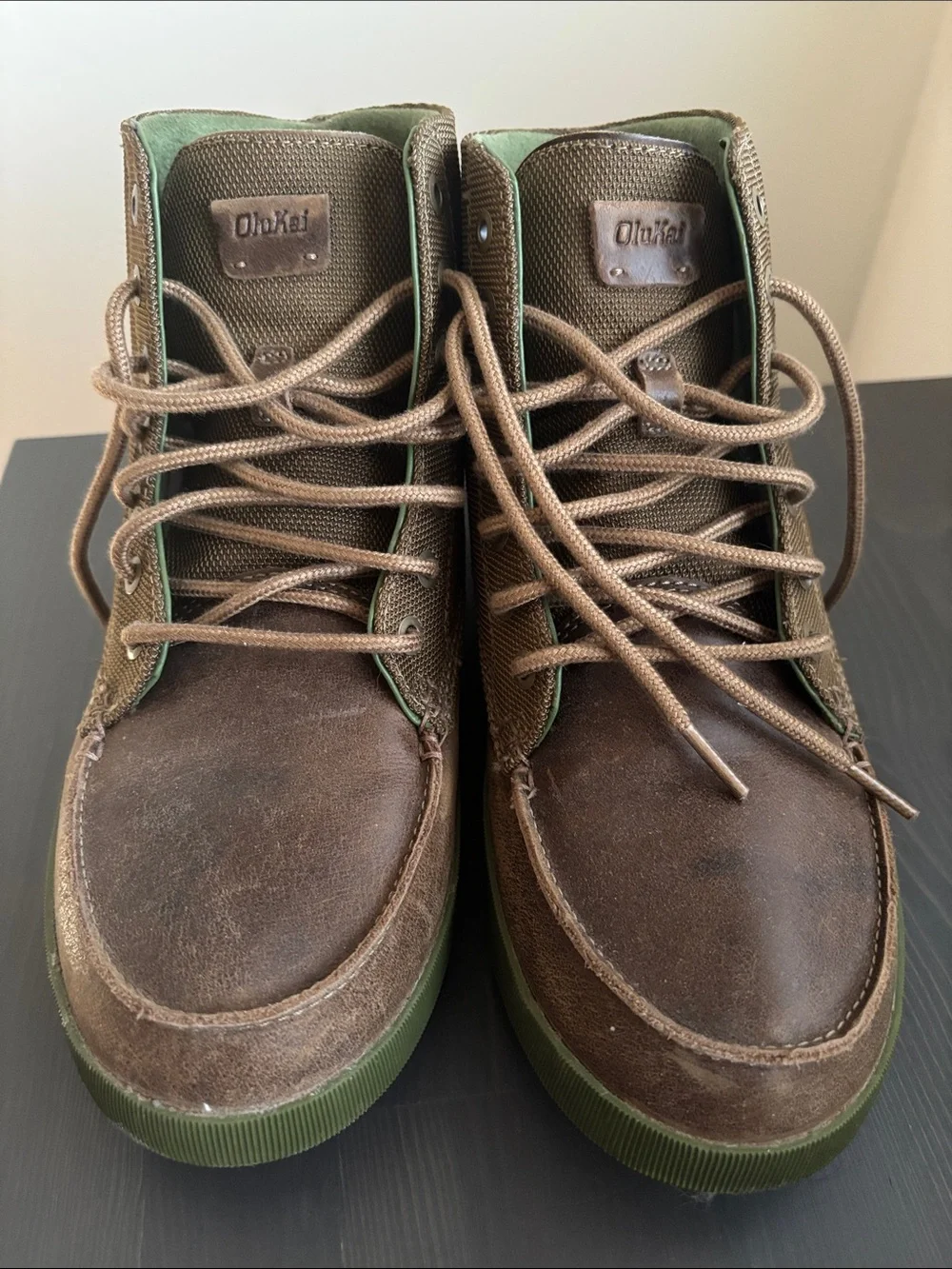 OluKai Men's Brown Leather Chukka Boots with Green Soles
